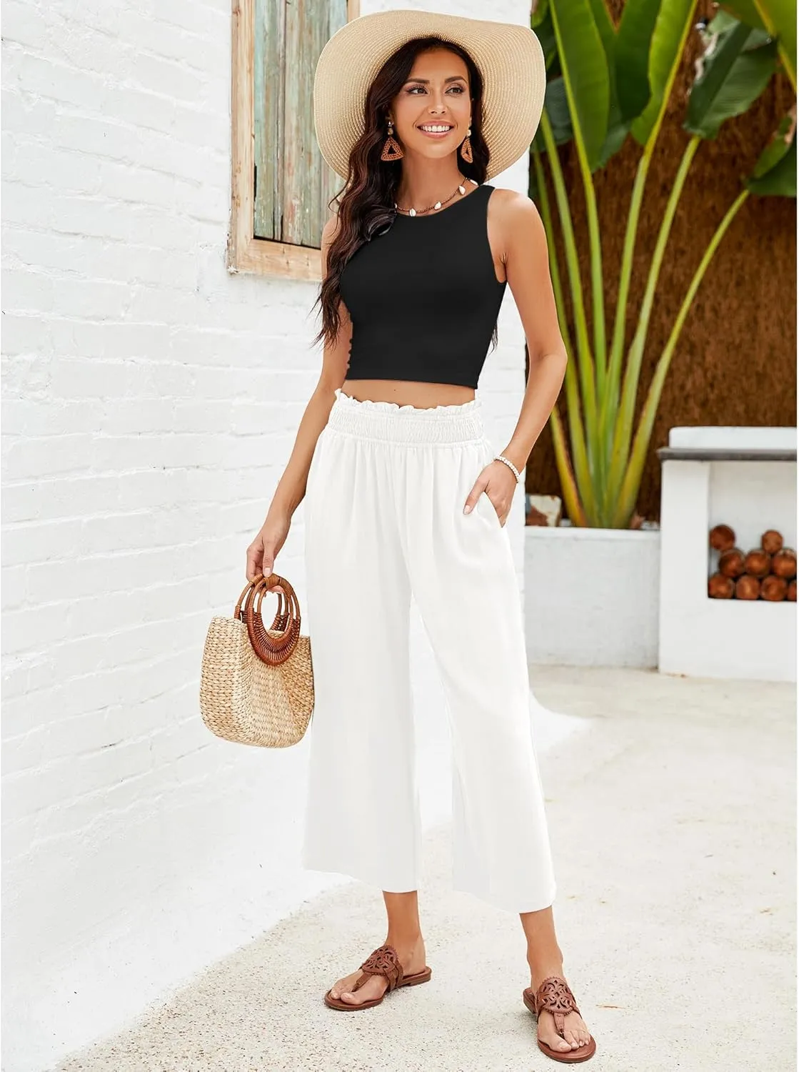 GRAPENT Capri Pants for Women High Waisted Wide Leg Linen Palazzo Trousers Pull On Elastic Smock Waist Loose Flowy Pants