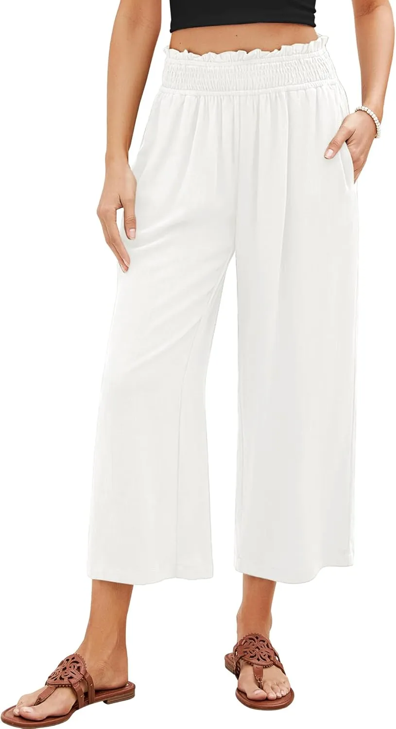 GRAPENT Capri Pants for Women High Waisted Wide Leg Linen Palazzo Trousers Pull On Elastic Smock Waist Loose Flowy Pants