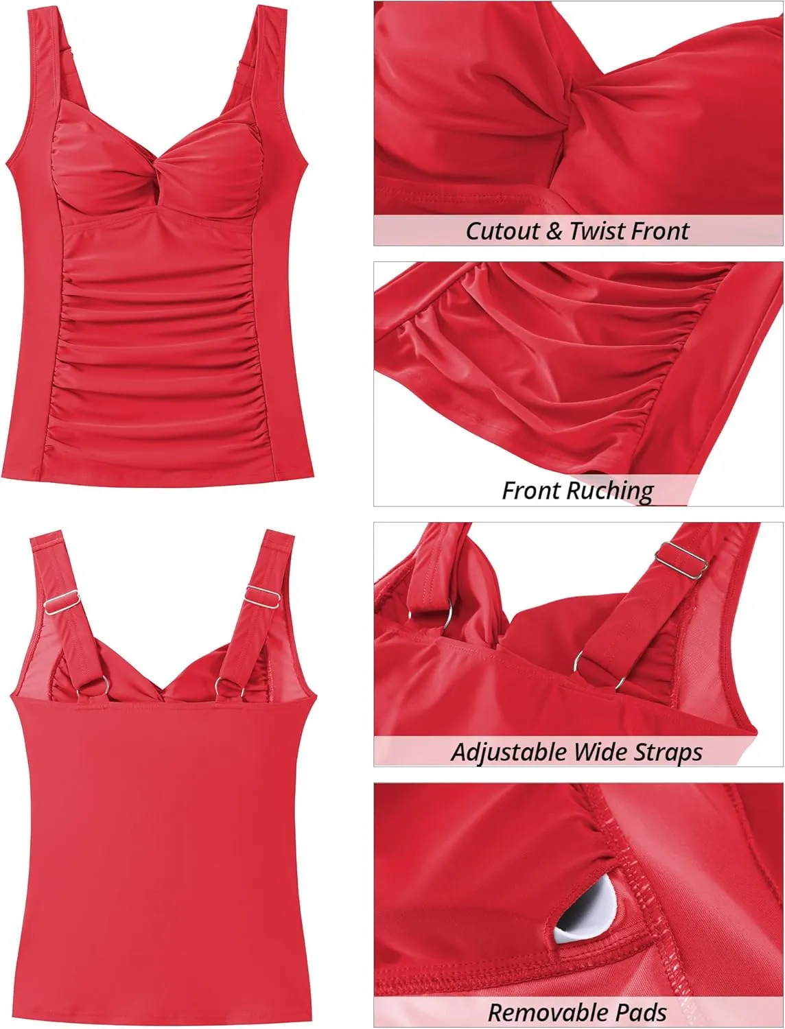 GRAPENT Tankini Tops for Women Twist Front Keyhole Bathing Suits Swim Tankini Swimsuits Padded Ruched Swimwear Top Only