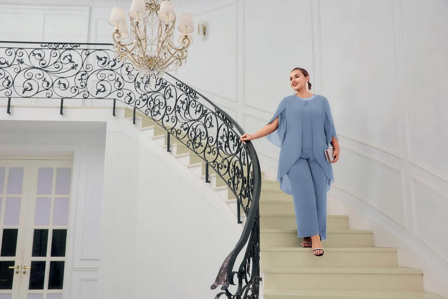 Hanna Nikole Plus Size Mother of The Bride Pant Suits 2 Piece Chiffon Sets Dressy Wedding Guest Outfit with High Low Hem