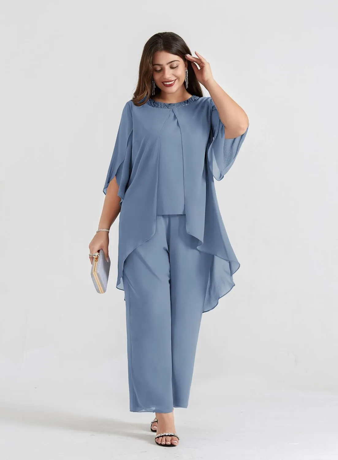 Hanna Nikole Plus Size Mother of The Bride Pant Suits 2 Piece Chiffon Sets Dressy Wedding Guest Outfit with High Low Hem