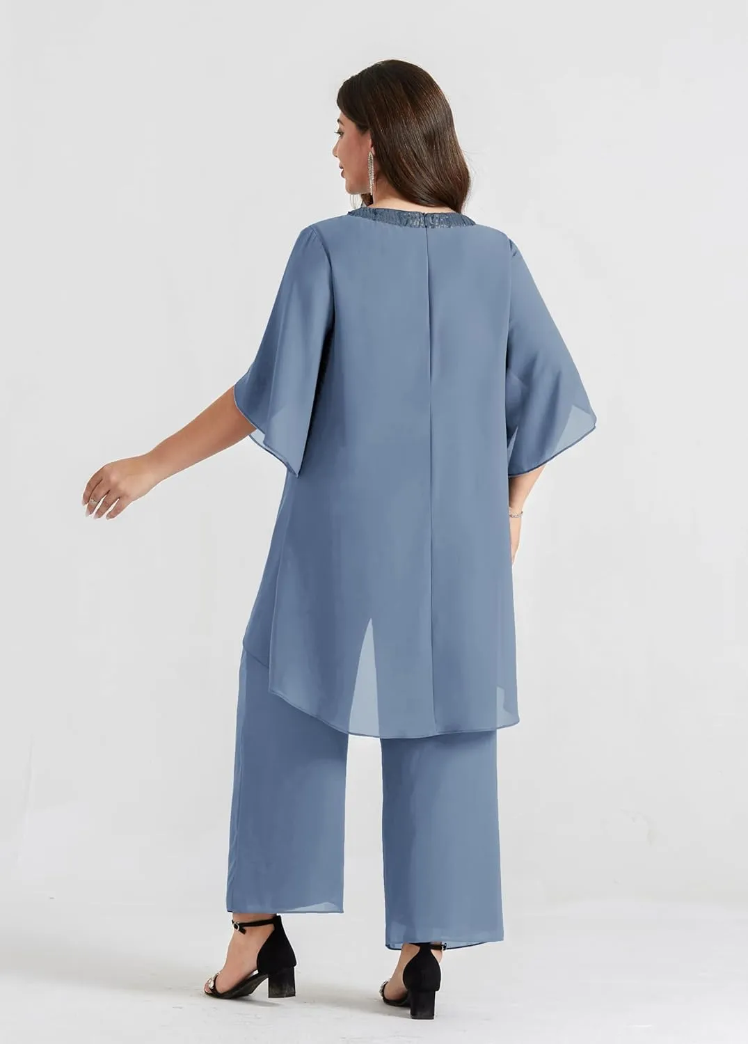 Hanna Nikole Plus Size Mother of The Bride Pant Suits 2 Piece Chiffon Sets Dressy Wedding Guest Outfit with High Low Hem
