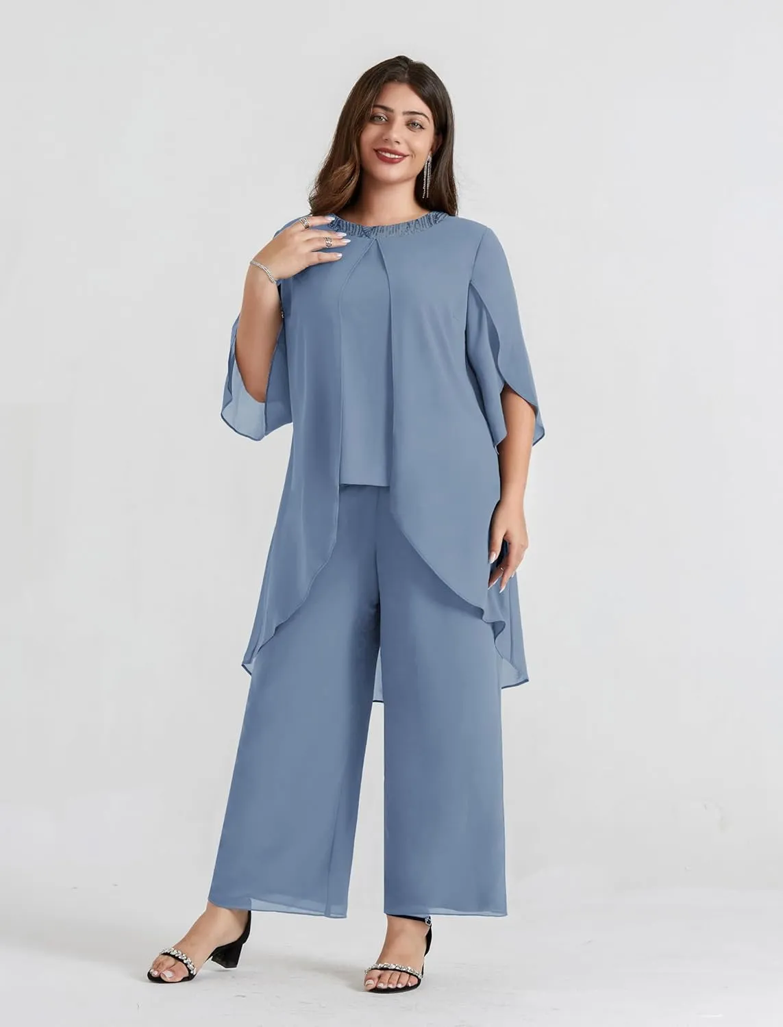 Hanna Nikole Plus Size Mother of The Bride Pant Suits 2 Piece Chiffon Sets Dressy Wedding Guest Outfit with High Low Hem