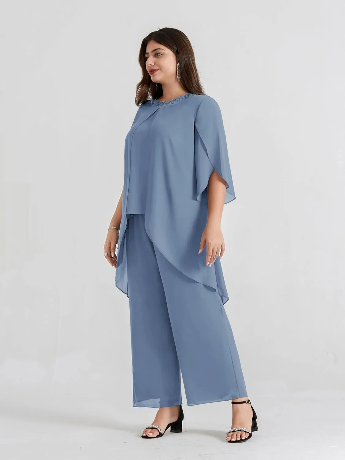 Hanna Nikole Plus Size Mother of The Bride Pant Suits 2 Piece Chiffon Sets Dressy Wedding Guest Outfit with High Low Hem