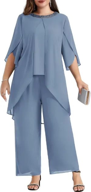 Hanna Nikole Plus Size Mother of The Bride Pant Suits 2 Piece Chiffon Sets Dressy Wedding Guest Outfit with High Low Hem