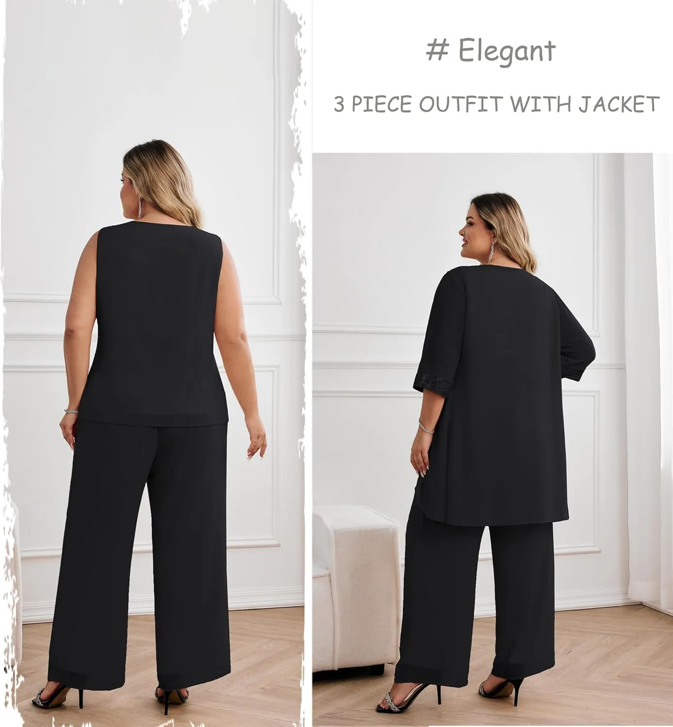 Hanna Nikole Plus Size Mother of The Bride Pant Suits 3 Piece Chiffon Sets Wedding Guest Gowns Formal Outfits with Jacket