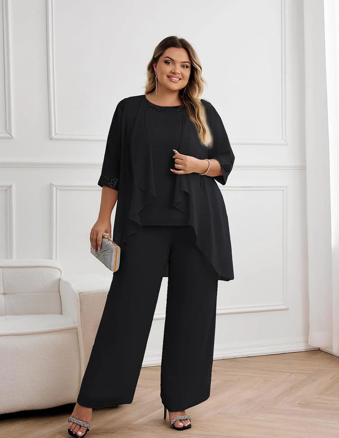 Hanna Nikole Plus Size Mother of The Bride Pant Suits 3 Piece Chiffon Sets Wedding Guest Gowns Formal Outfits with Jacket