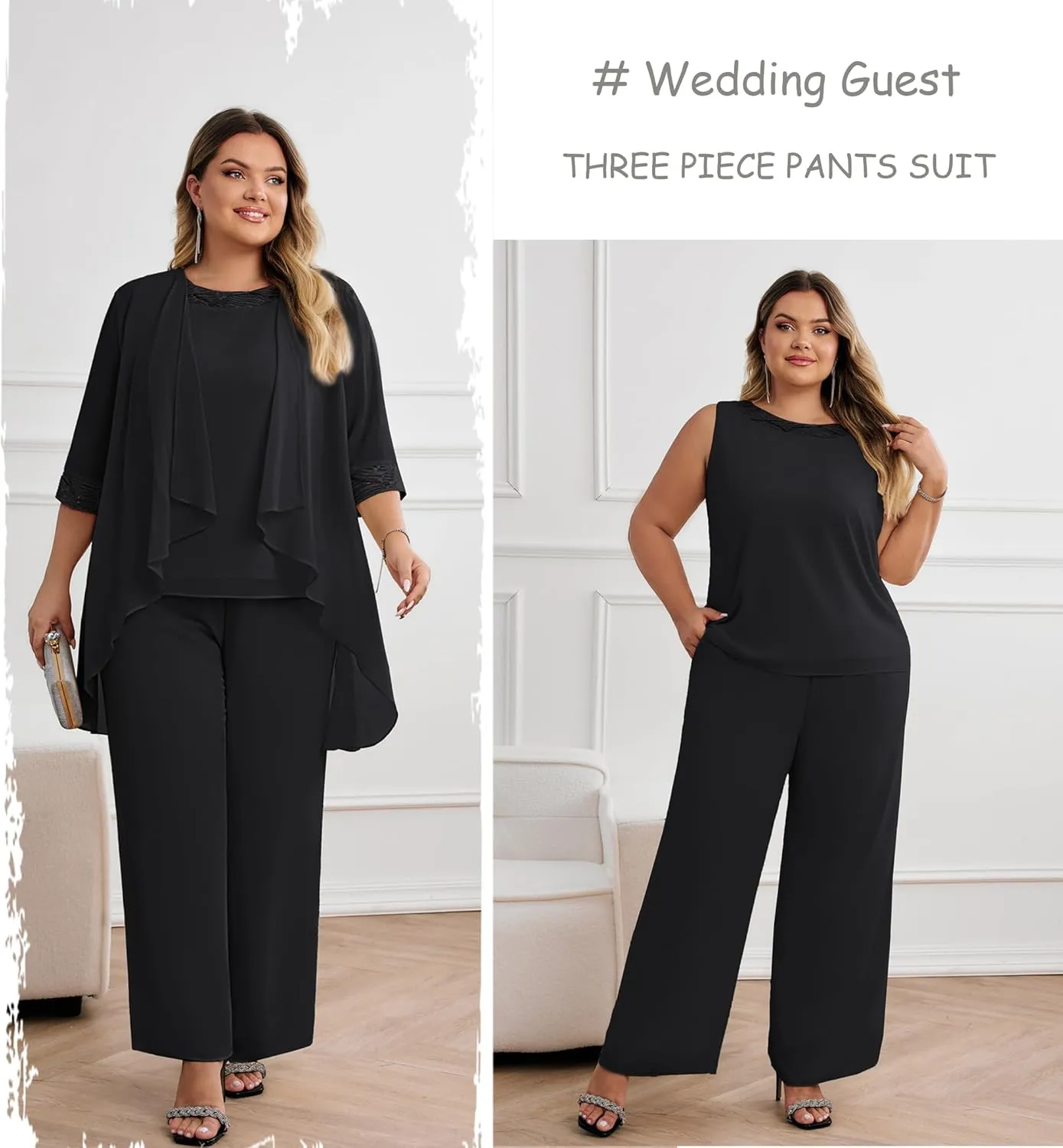 Hanna Nikole Plus Size Mother of The Bride Pant Suits 3 Piece Chiffon Sets Wedding Guest Gowns Formal Outfits with Jacket
