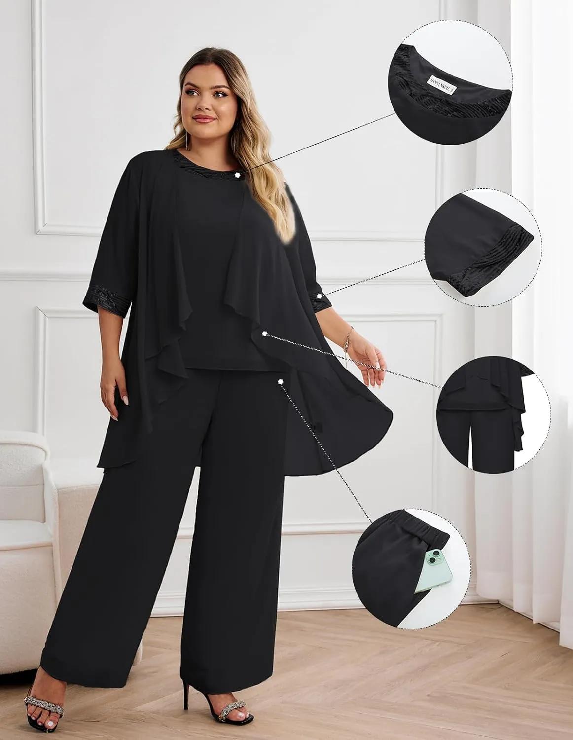 Hanna Nikole Plus Size Mother of The Bride Pant Suits 3 Piece Chiffon Sets Wedding Guest Gowns Formal Outfits with Jacket
