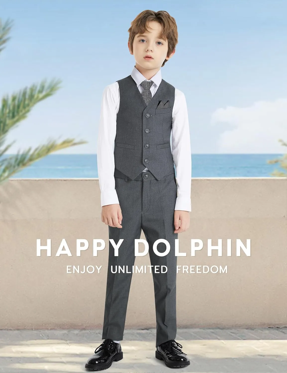 Happy Dolphin Boys Suits Formal Vest Suit Toddler Suit Set for Teen Boys Kids Wedding Ring Bearer Outfit
