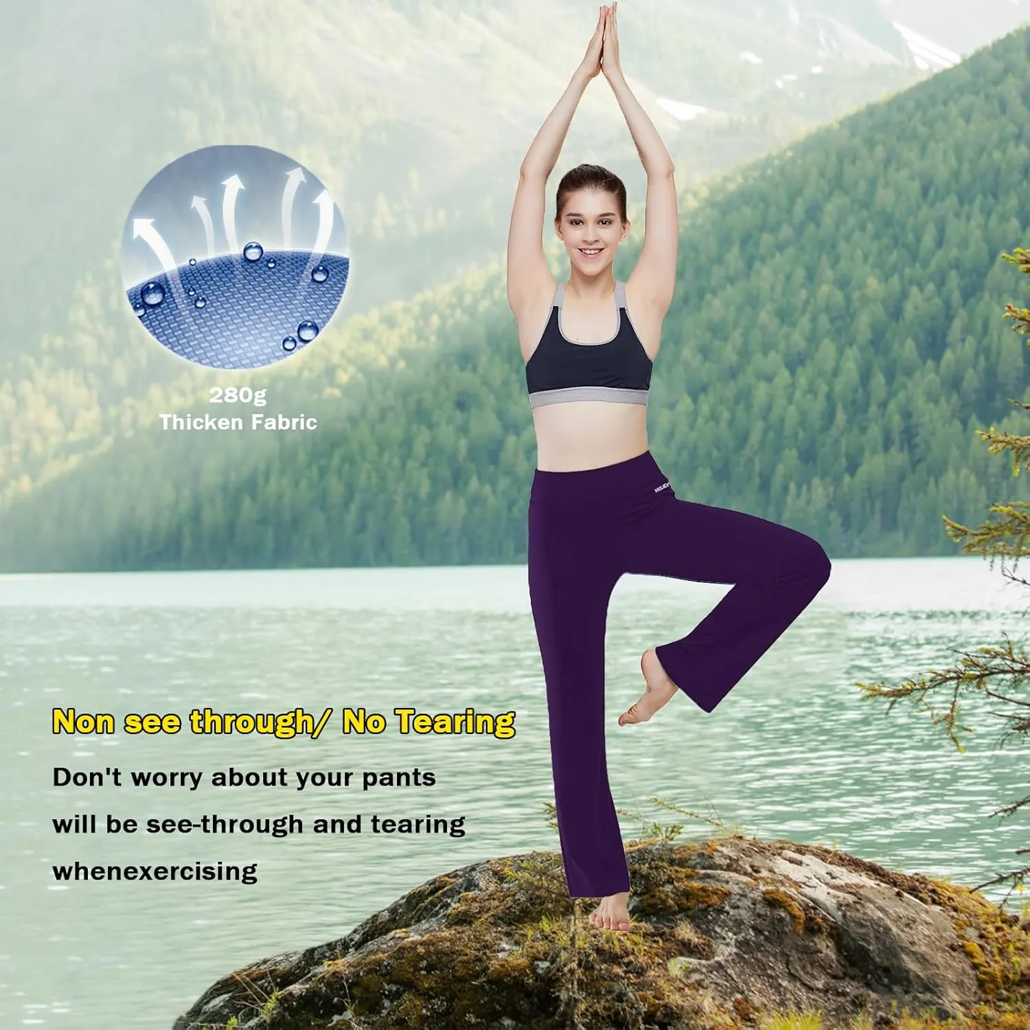 HISKYWIN Inner Pocket Yoga Pants 4 Way Stretch Tummy Control Workout Running Pants, Long Bootleg Flare Pants