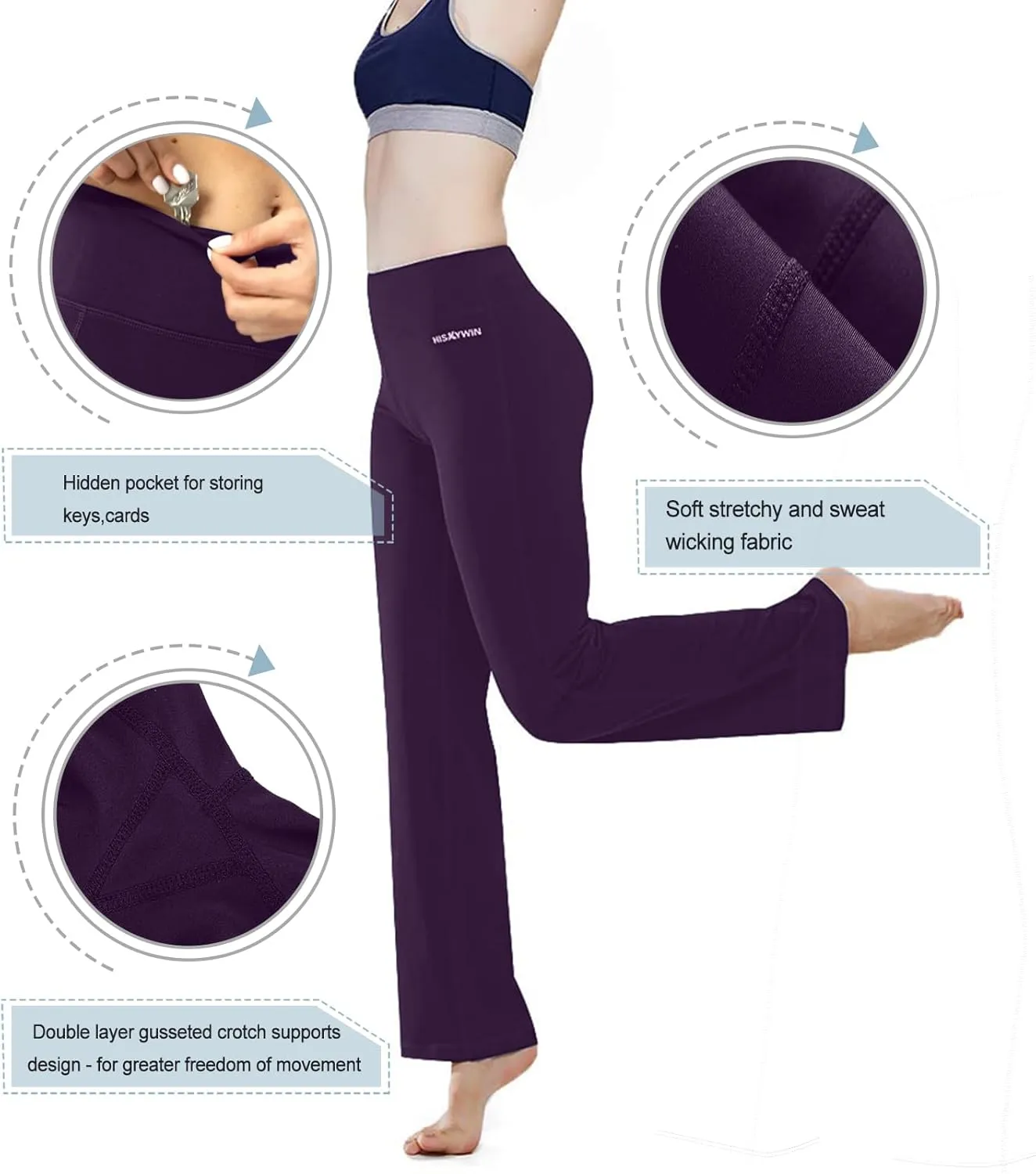 HISKYWIN Inner Pocket Yoga Pants 4 Way Stretch Tummy Control Workout Running Pants, Long Bootleg Flare Pants