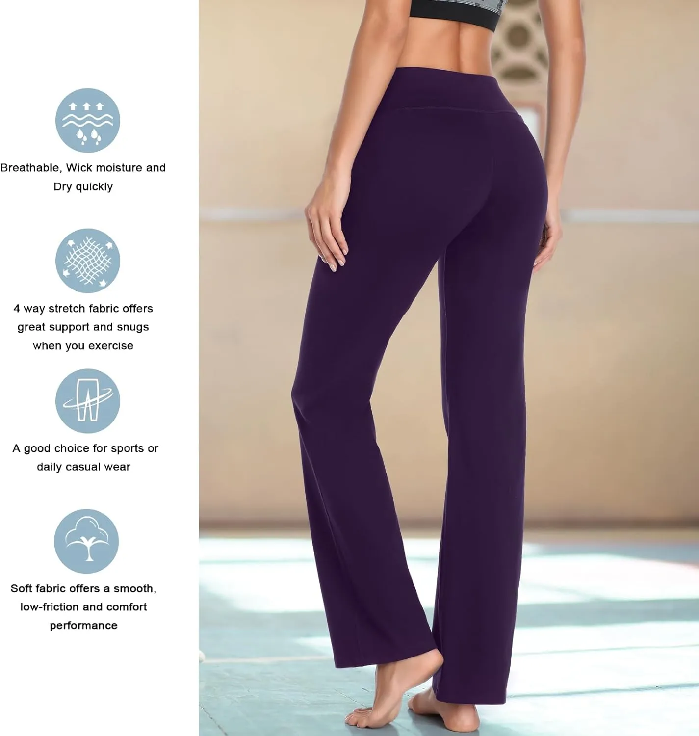 HISKYWIN Inner Pocket Yoga Pants 4 Way Stretch Tummy Control Workout Running Pants, Long Bootleg Flare Pants