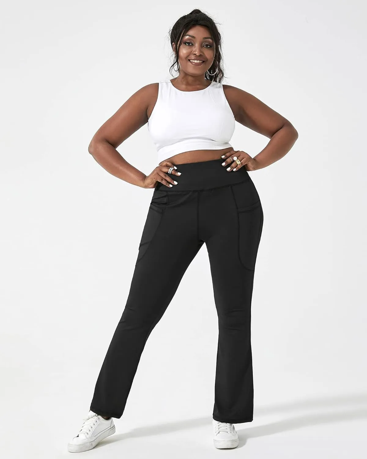 Honwenle Women's Plus Size Bootcut Yoga Pants with Pockets High Waisted Tummy Control Bootleg Flared Wide Leg Pants
