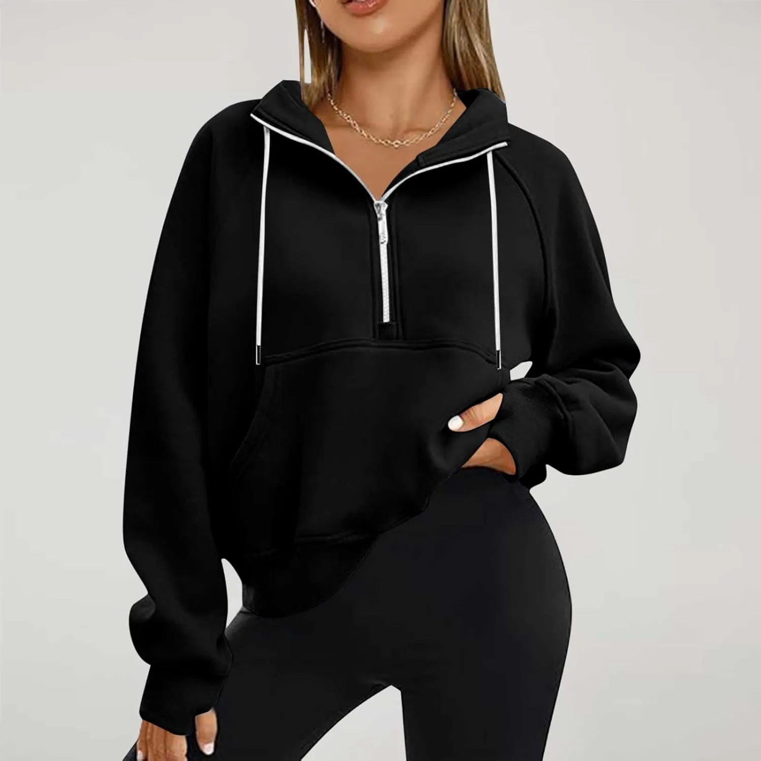 Hoodies for Women Crop Zip Up Sweatshirts Casual Loose Fit Pullover Womens Fashion Vacation Party Tops Thumb Hole