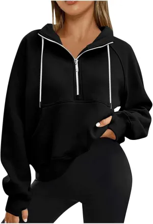 Hoodies for Women Crop Zip Up Sweatshirts Casual Loose Fit Pullover Womens Fashion Vacation Party Tops Thumb Hole