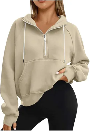 Hoodies for Women Crop Zip Up Sweatshirts Casual Loose Fit Pullover Womens Fashion Vacation Party Tops Thumb Hole