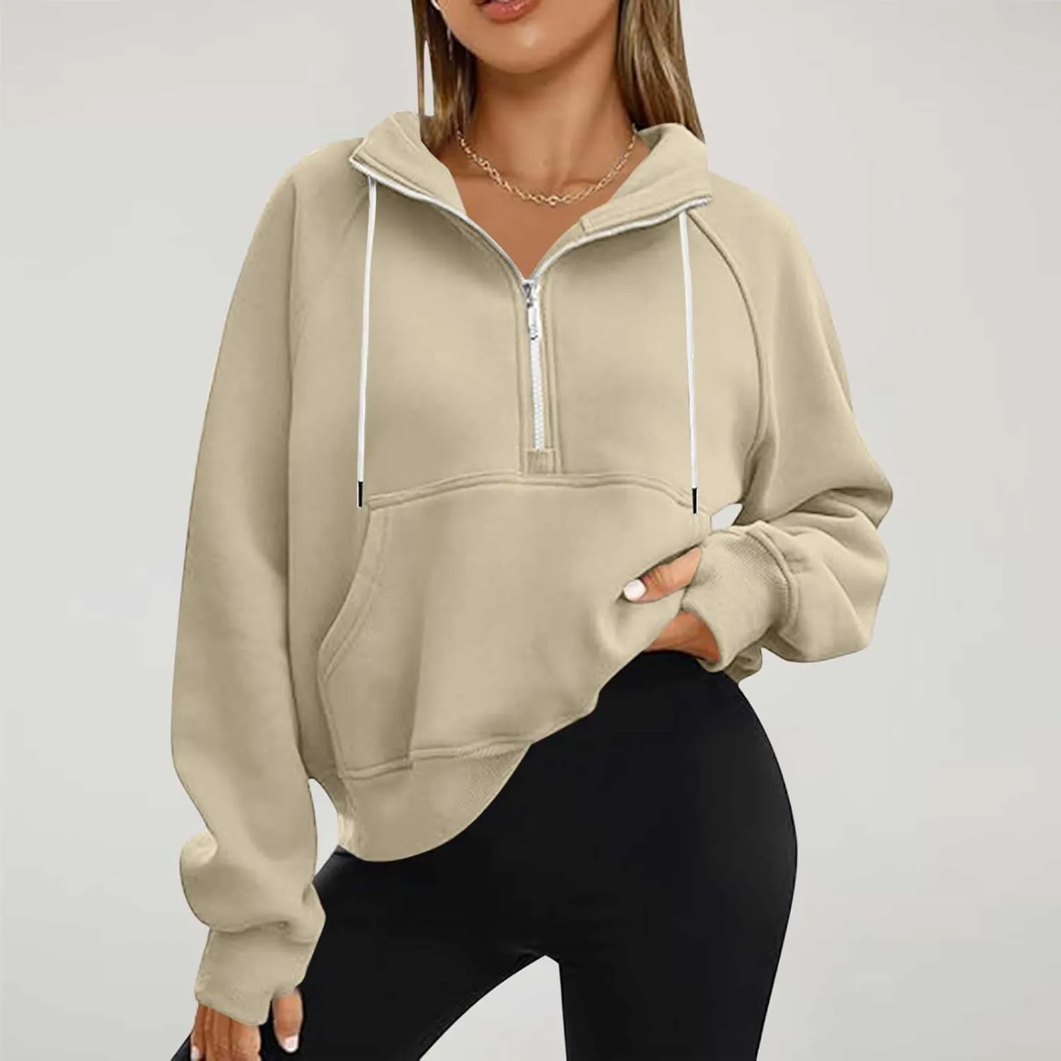 Hoodies for Women Crop Zip Up Sweatshirts Casual Loose Fit Pullover Womens Fashion Vacation Party Tops Thumb Hole