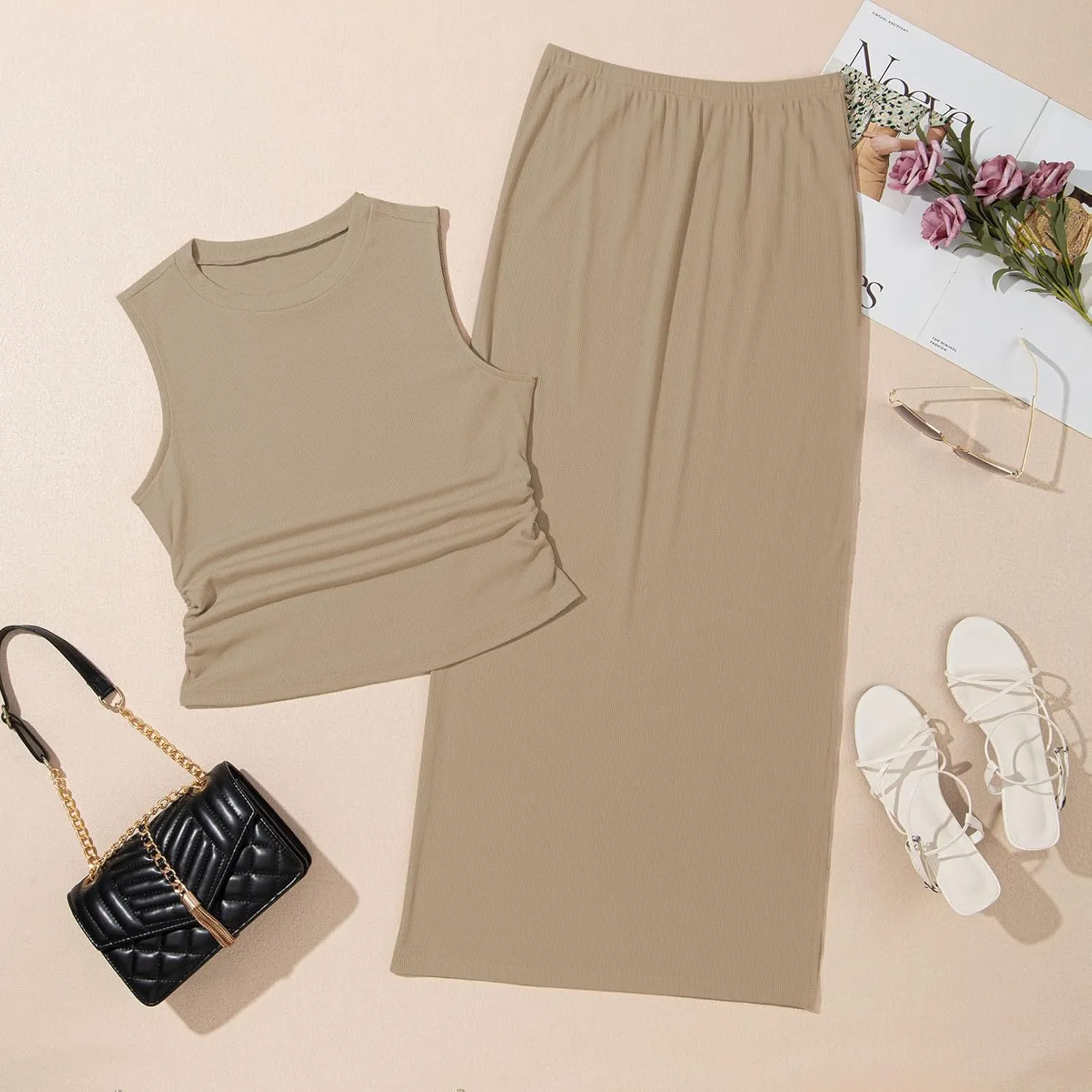 HUUSA Womens Two Piece Outfits Summer Bodycon Sleeveless Crewneck Crop Tank Tops Ribbed Split Long Skirt Dress Set