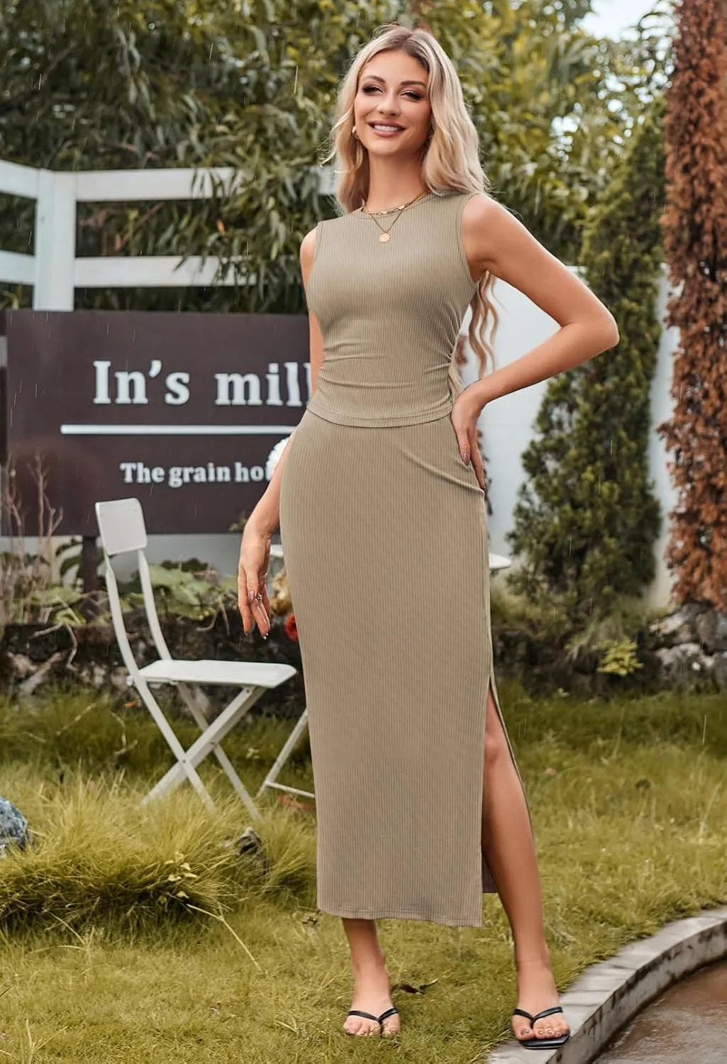 HUUSA Womens Two Piece Outfits Summer Bodycon Sleeveless Crewneck Crop Tank Tops Ribbed Split Long Skirt Dress Set