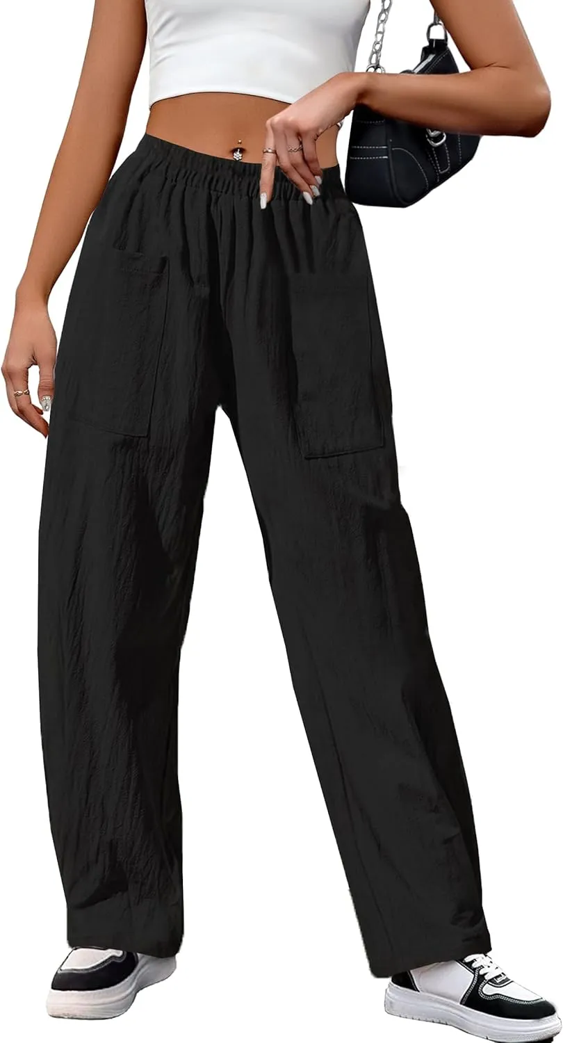 HVEPUO Womens Elastic High Waist Summer Wide Leg Pants Baggy Cotton Casual Palazzo Trousers Pull On Barrel Pants with Pockets