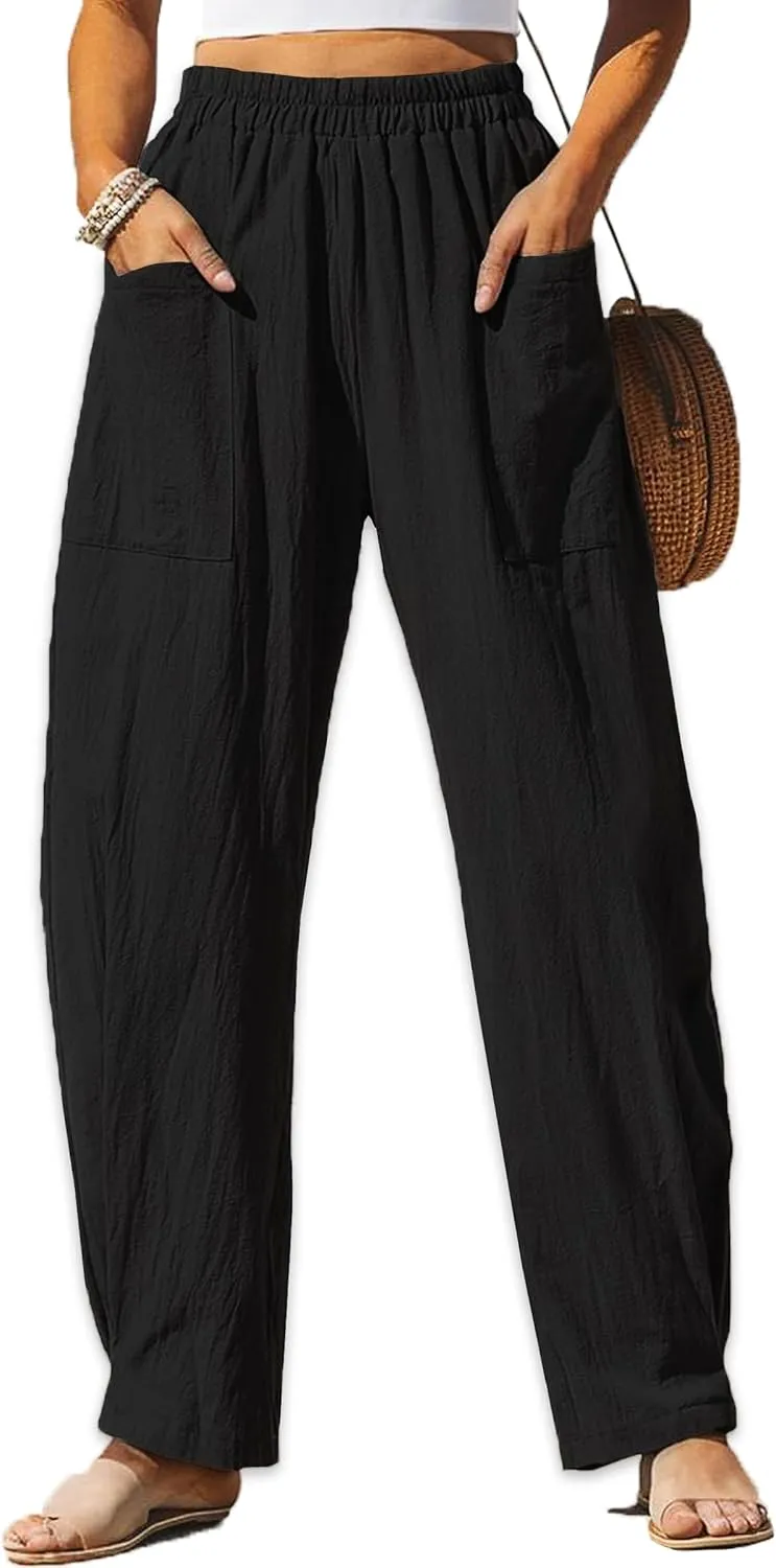 HVEPUO Womens Elastic High Waist Summer Wide Leg Pants Baggy Cotton Casual Palazzo Trousers Pull On Barrel Pants with Pockets