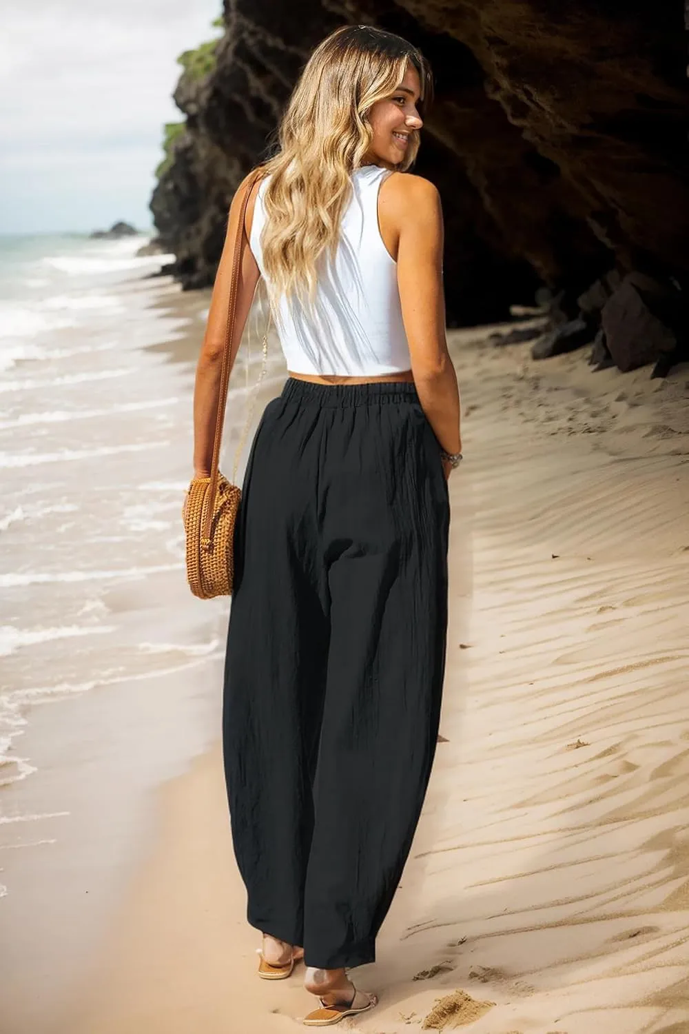 HVEPUO Womens Elastic High Waist Summer Wide Leg Pants Baggy Cotton Casual Palazzo Trousers Pull On Barrel Pants with Pockets