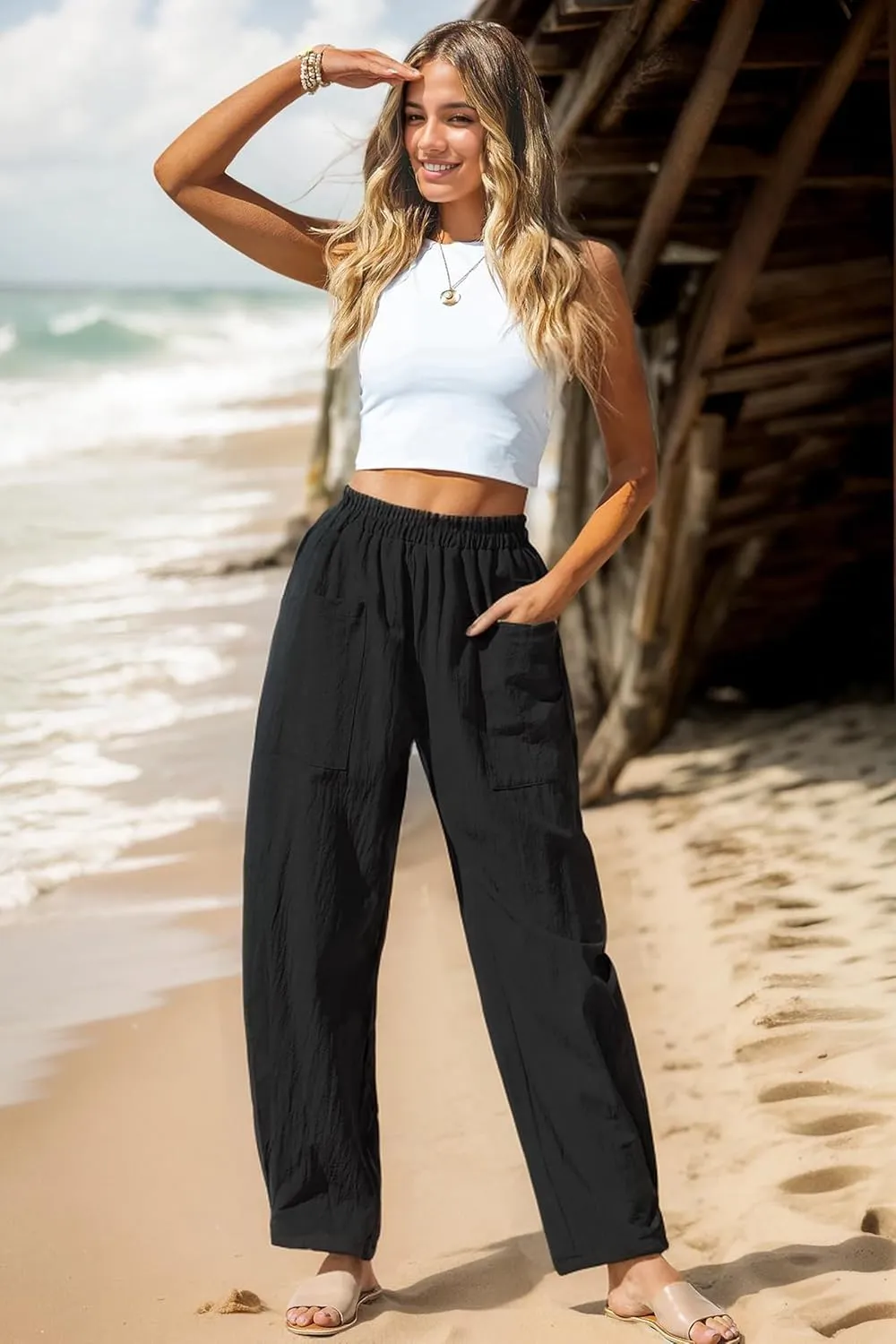 HVEPUO Womens Elastic High Waist Summer Wide Leg Pants Baggy Cotton Casual Palazzo Trousers Pull On Barrel Pants with Pockets