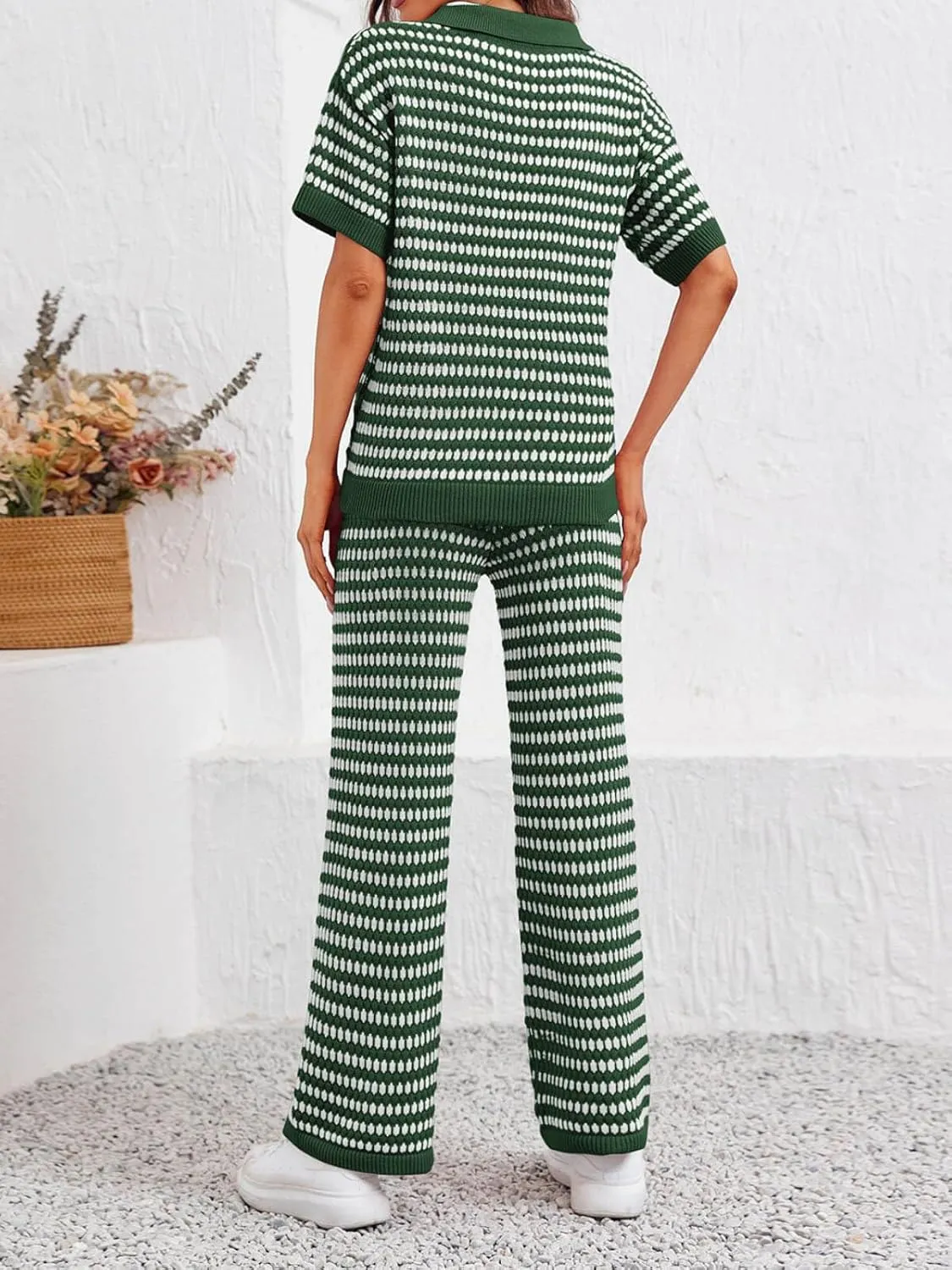 Imily Bela Womens 2 Piece Outfits Striped Short Sleeve Sweater Tops Knit Sets Wide Leg Pants Lounge Set
