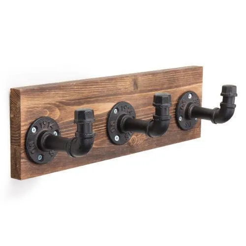 Industrial Style Wood & Pipe 3-Hook Coat Rack