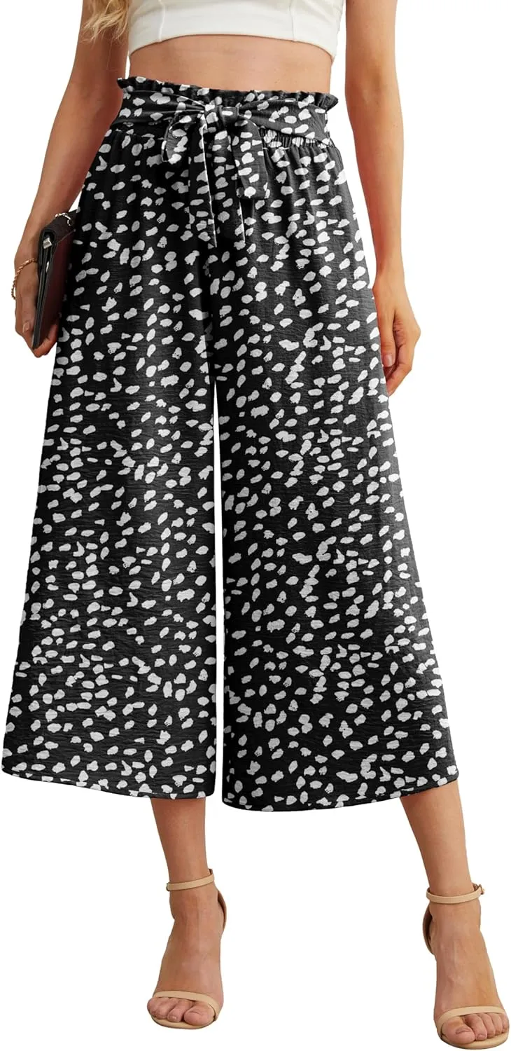 IWOLLENCE Women Flowy Loose Wide Leg Pant Summer Beach Casual Trousers high Waist Adjustable Knot Business Work Casual Pants
