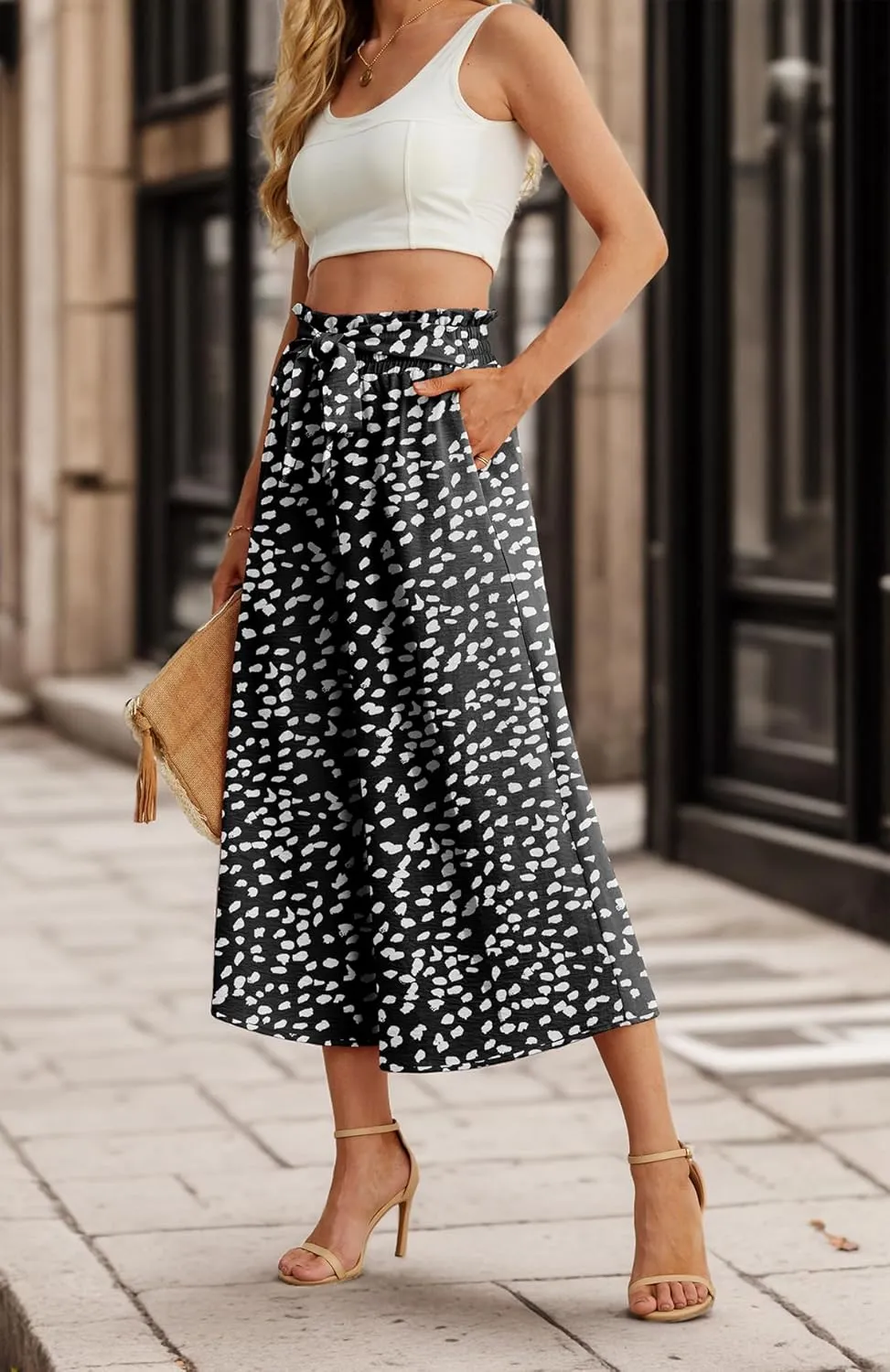 IWOLLENCE Women Flowy Loose Wide Leg Pant Summer Beach Casual Trousers high Waist Adjustable Knot Business Work Casual Pants