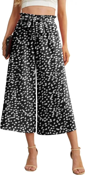IWOLLENCE Women Flowy Loose Wide Leg Pant Summer Beach Casual Trousers high Waist Adjustable Knot Business Work Casual Pants