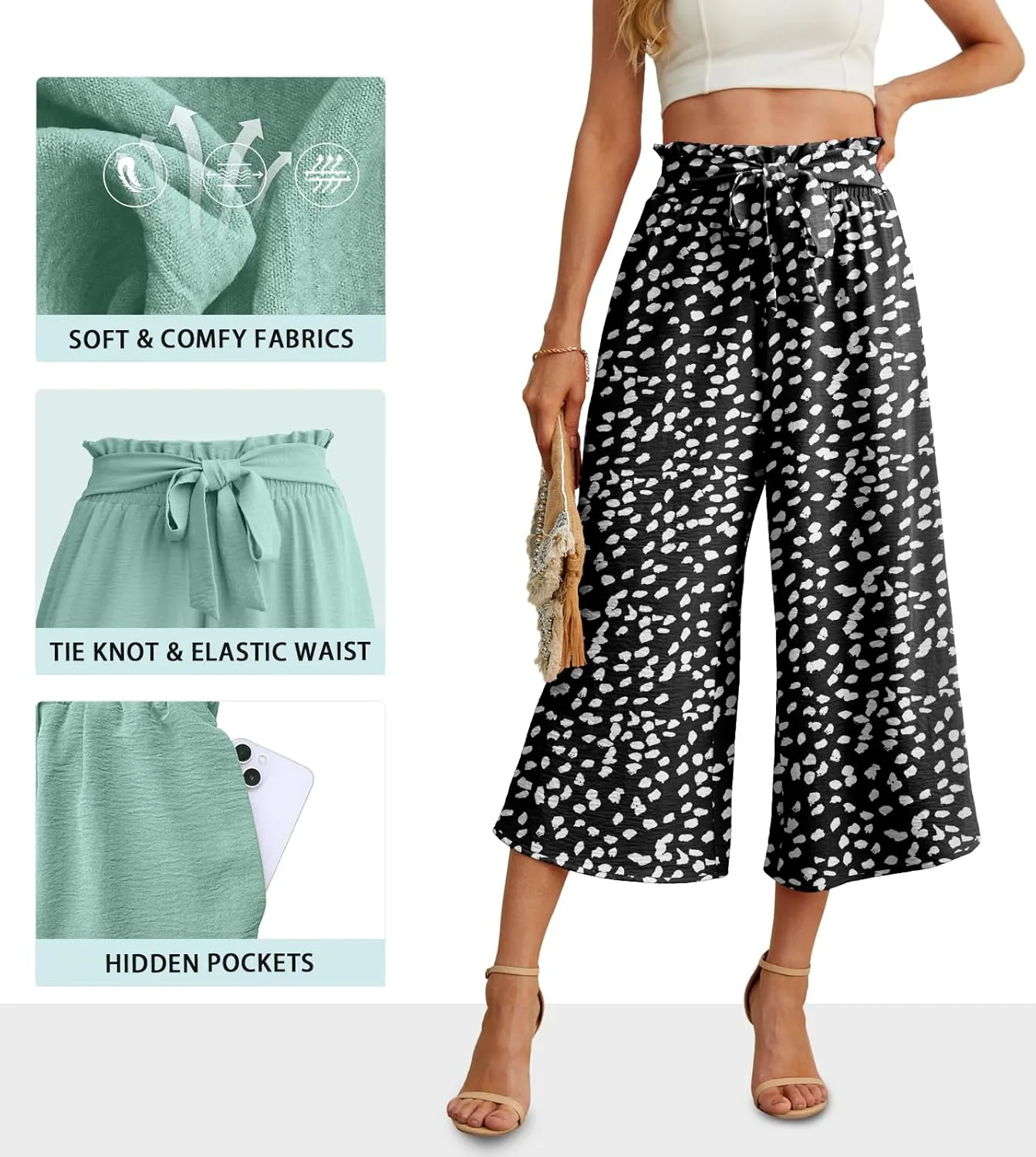 IWOLLENCE Women Flowy Loose Wide Leg Pant Summer Beach Casual Trousers high Waist Adjustable Knot Business Work Casual Pants