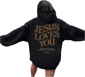 Jesus Loves You Christian Hoodies for Women Bible Verse Oversized Long Sleeve Y2K Drawstring Sweatshirts Comfy Pockets Tops