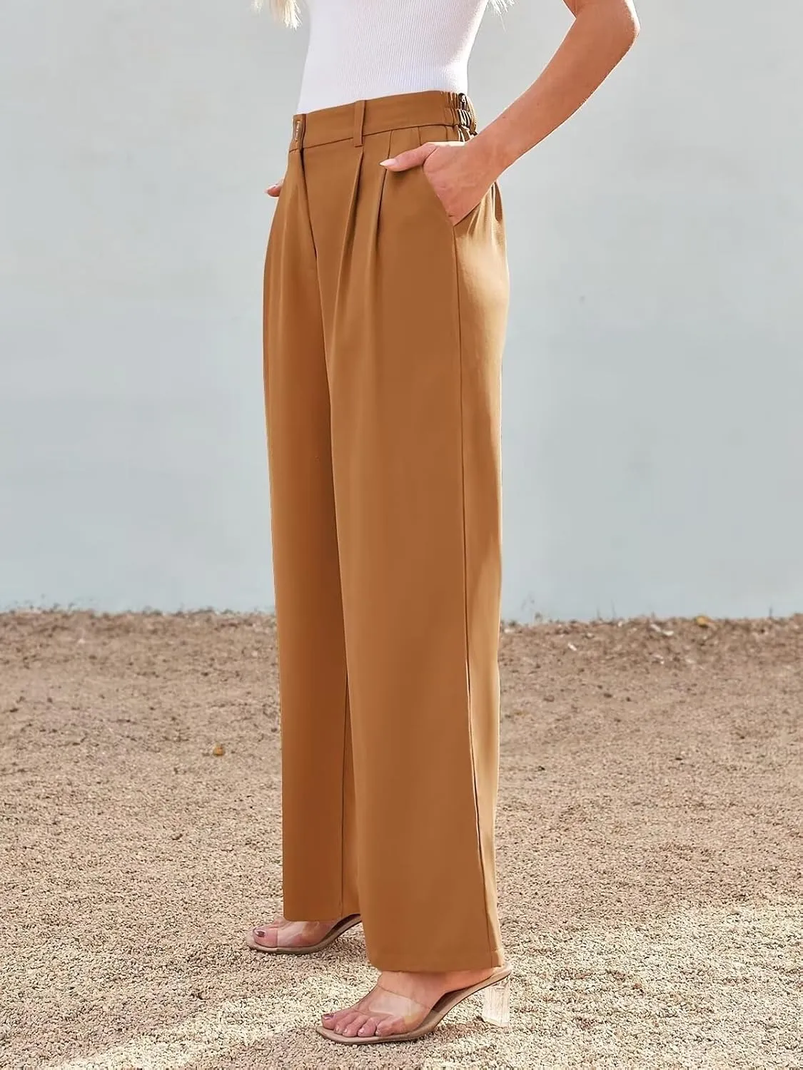 JURIS Women's High Waisted Wide Leg Formal Pants Elasticized Waist Back Casual Pants Business Work Suit Pants