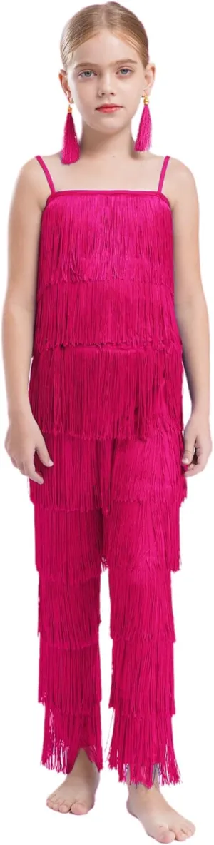 Kids Girls Ballroom Salsa Latin Dance Outfit Sleeveless Fringe Top and Layered Tassel Pants Ear Clips