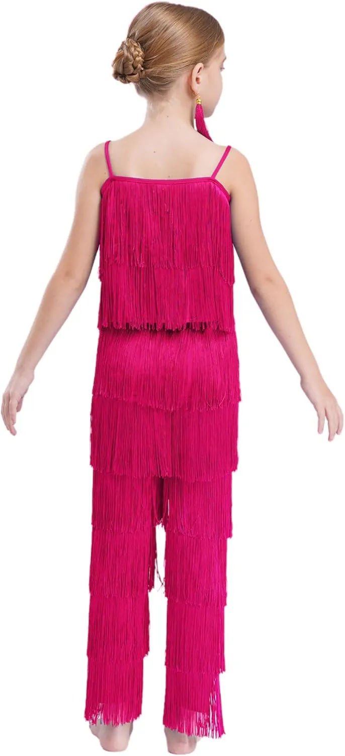Kids Girls Ballroom Salsa Latin Dance Outfit Sleeveless Fringe Top and Layered Tassel Pants Ear Clips