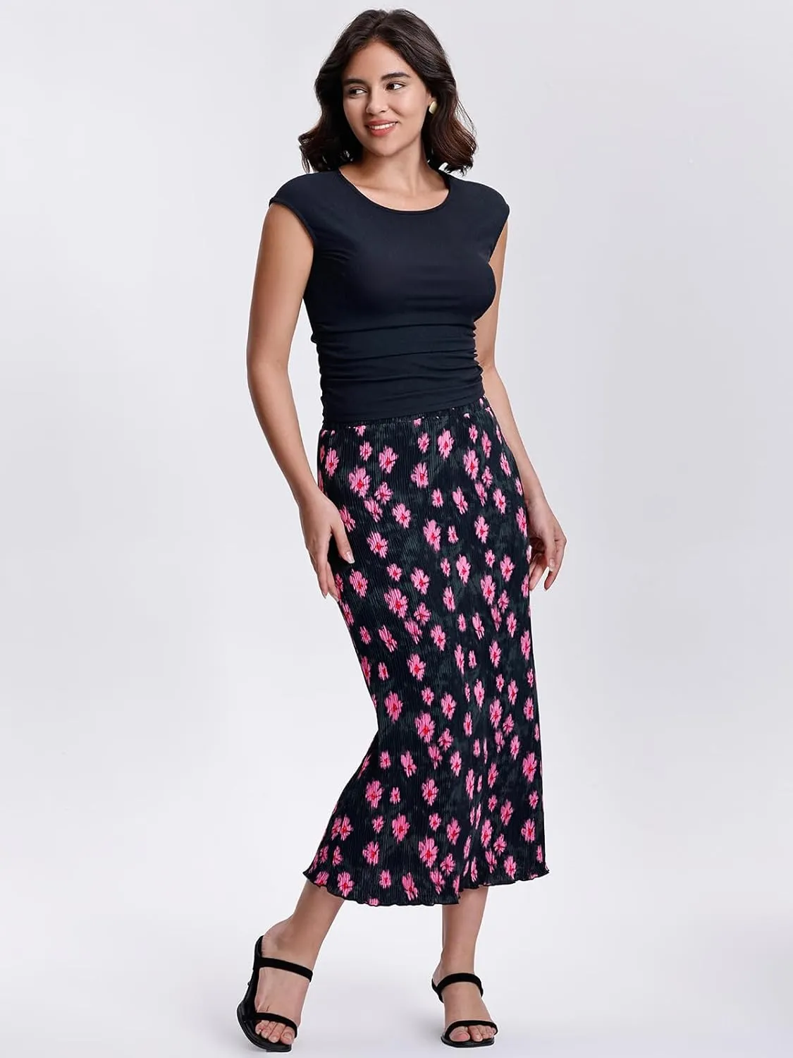 Kimmery Summer Casual Two Piece Skirt Set for Women Crew Neck Crop Tops Elastic Waist Midi Skirt Outfits