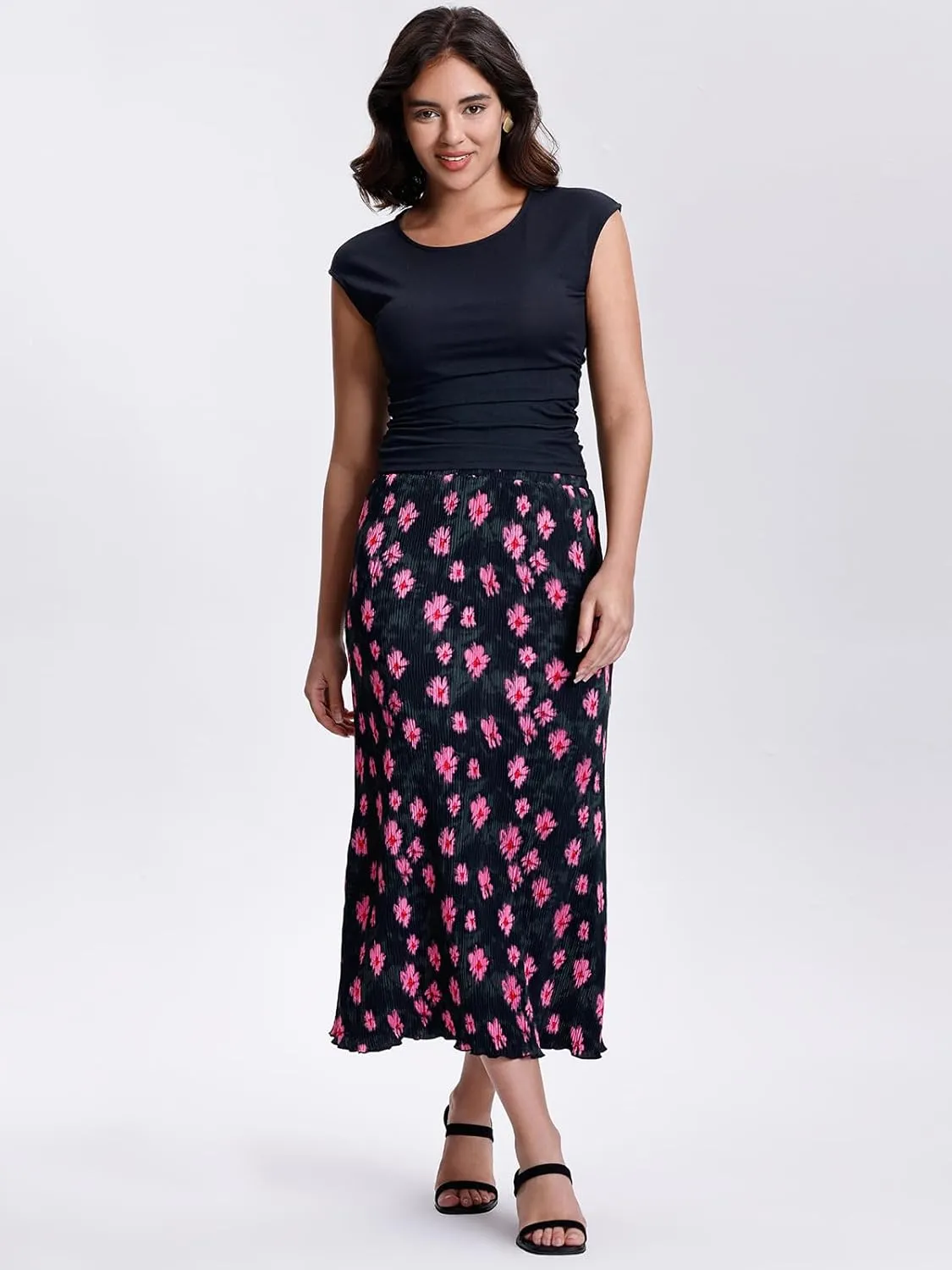 Kimmery Summer Casual Two Piece Skirt Set for Women Crew Neck Crop Tops Elastic Waist Midi Skirt Outfits