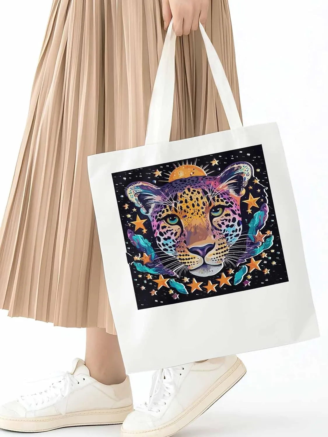 Leopard Star Moon Starry Sky Canvas Tote Bag, Aesthetic Canvas Tote Handbags for Women Shoulder Bag