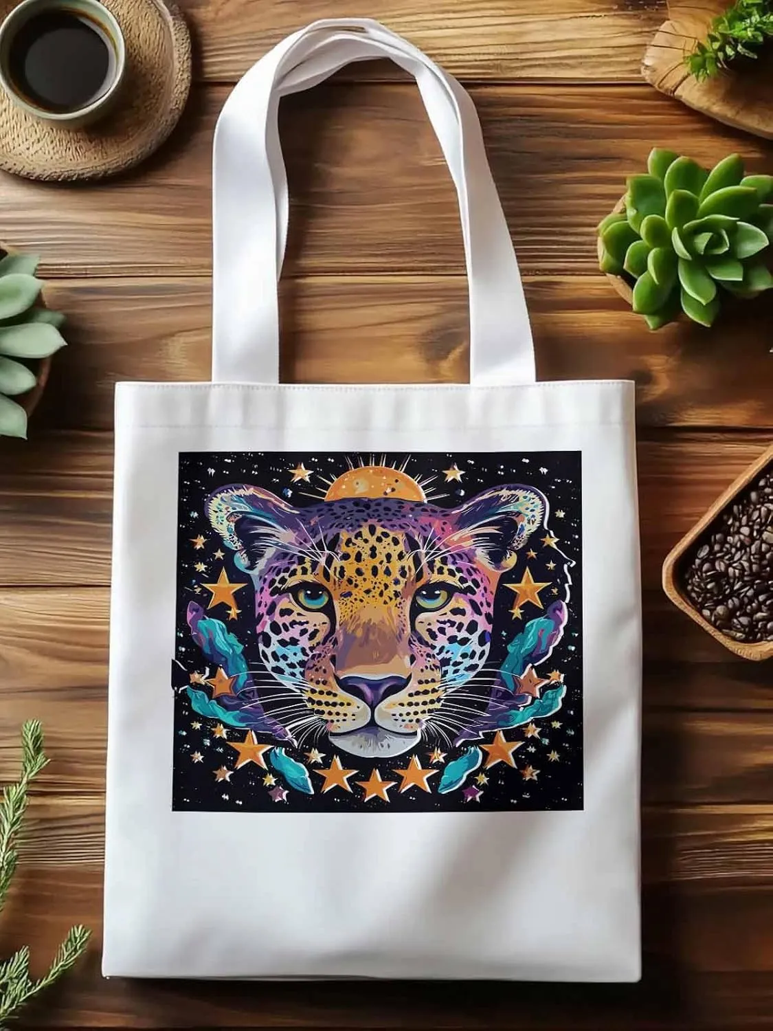 Leopard Star Moon Starry Sky Canvas Tote Bag, Aesthetic Canvas Tote Handbags for Women Shoulder Bag