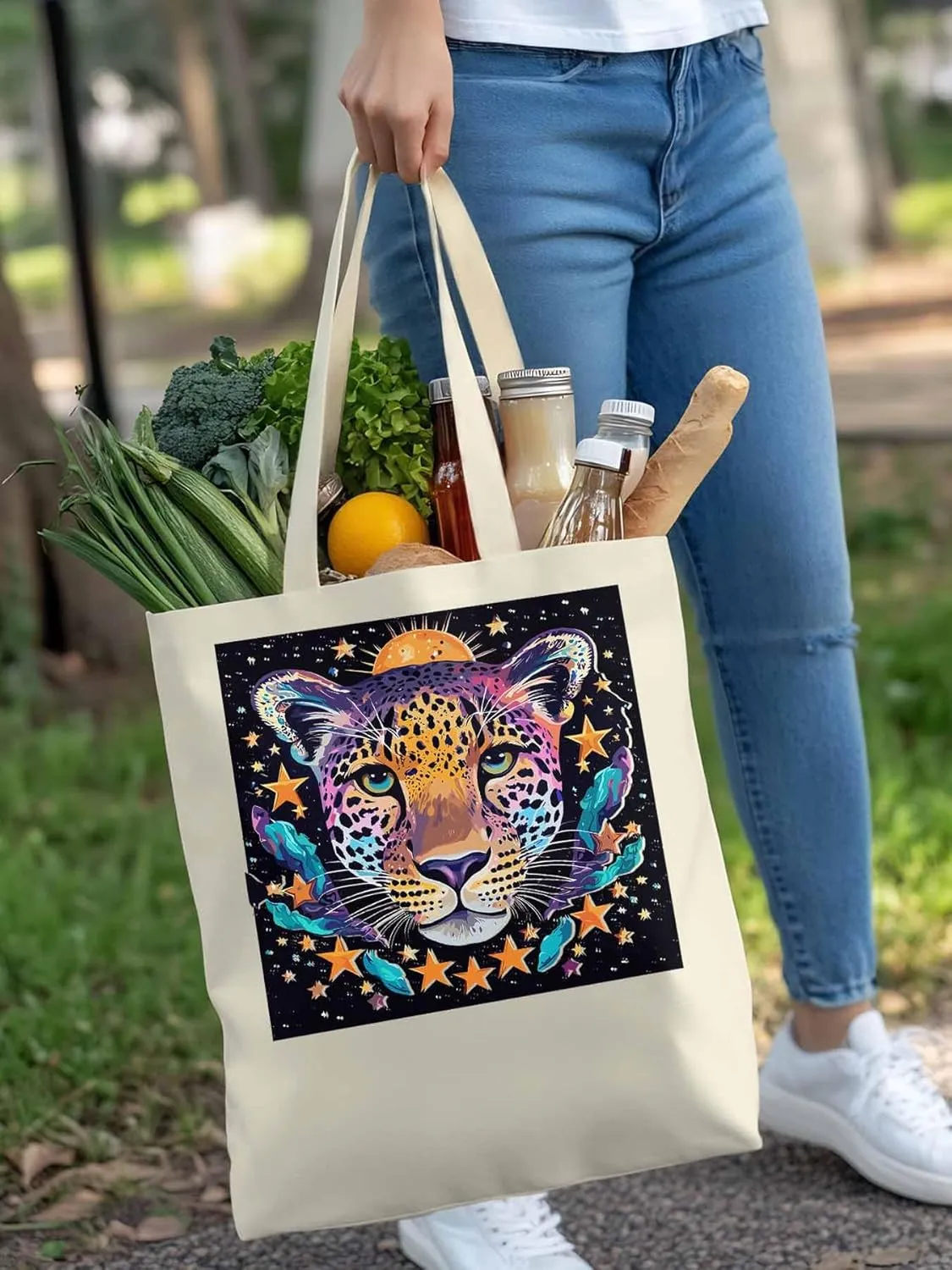 Leopard Star Moon Starry Sky Canvas Tote Bag, Aesthetic Canvas Tote Handbags for Women Shoulder Bag