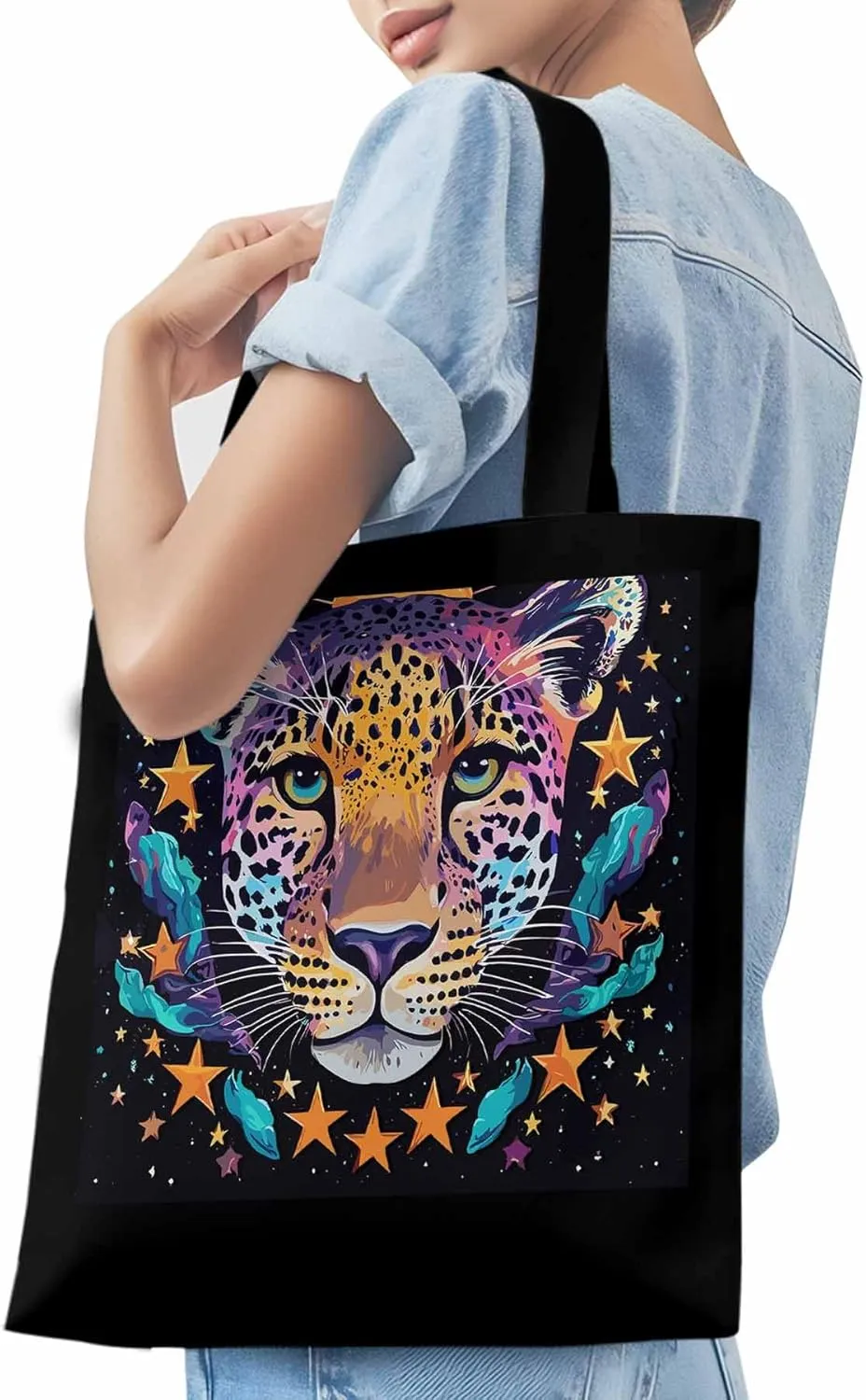 Leopard Star Moon Starry Sky Canvas Tote Bag, Aesthetic Canvas Tote Handbags for Women Shoulder Bag