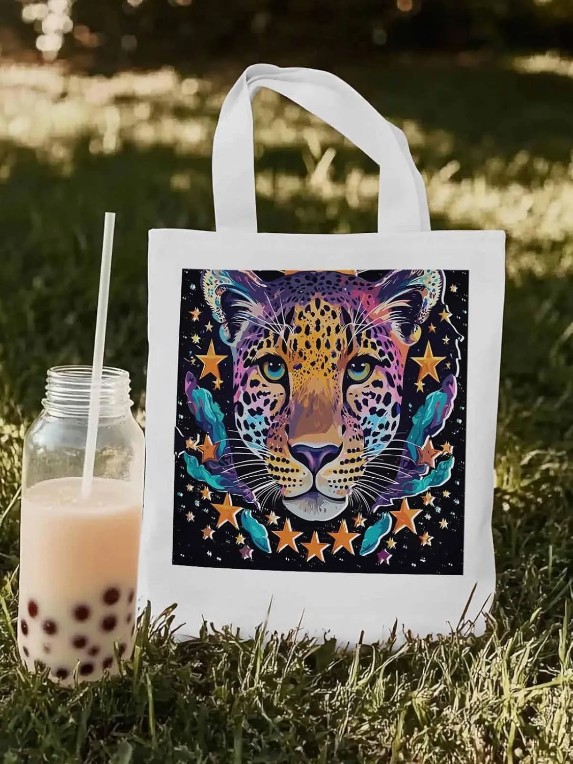 Leopard Star Moon Starry Sky Canvas Tote Bag, Aesthetic Canvas Tote Handbags for Women Shoulder Bag