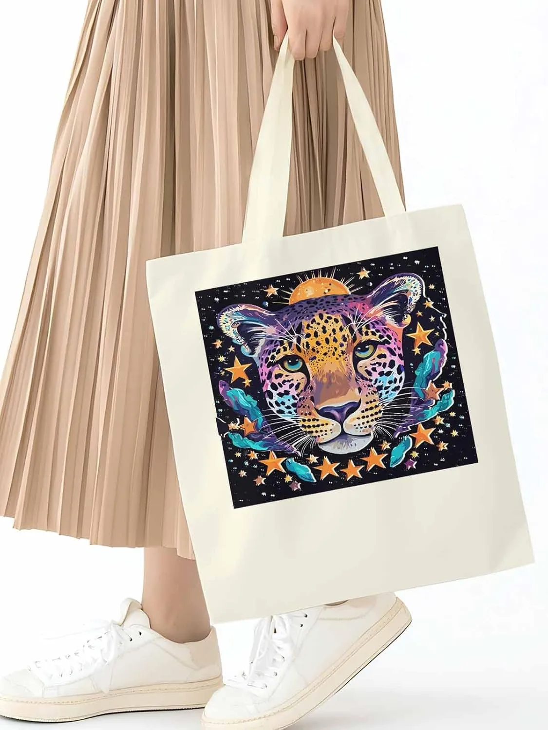 Leopard Star Moon Starry Sky Canvas Tote Bag, Aesthetic Canvas Tote Handbags for Women Shoulder Bag