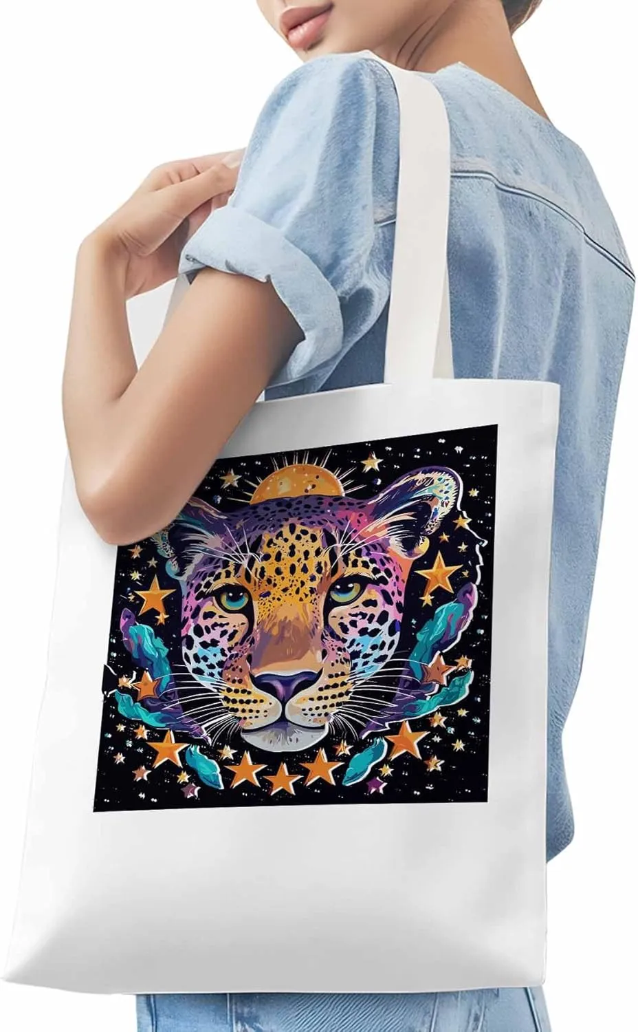 Leopard Star Moon Starry Sky Canvas Tote Bag, Aesthetic Canvas Tote Handbags for Women Shoulder Bag