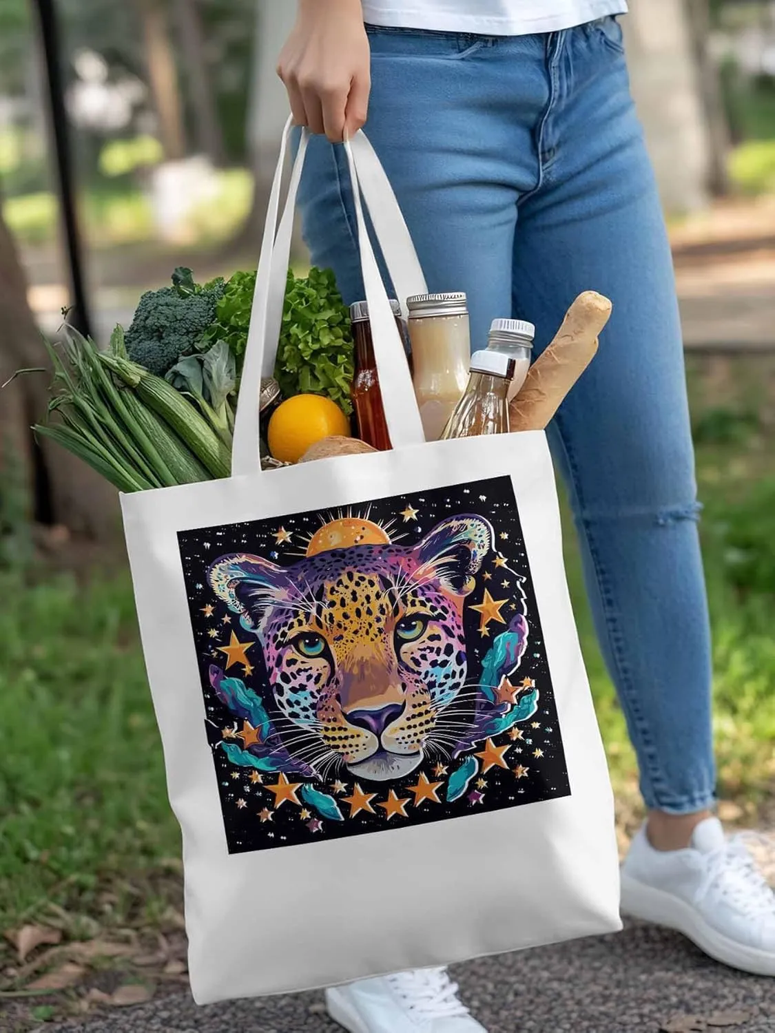 Leopard Star Moon Starry Sky Canvas Tote Bag, Aesthetic Canvas Tote Handbags for Women Shoulder Bag