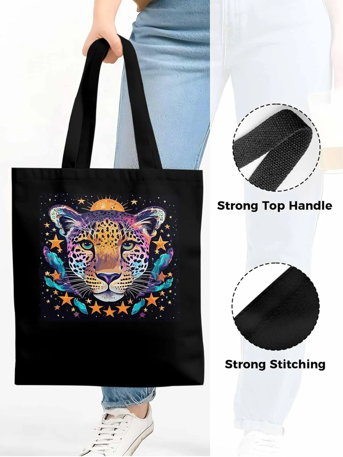Leopard Star Moon Starry Sky Canvas Tote Bag, Aesthetic Canvas Tote Handbags for Women Shoulder Bag