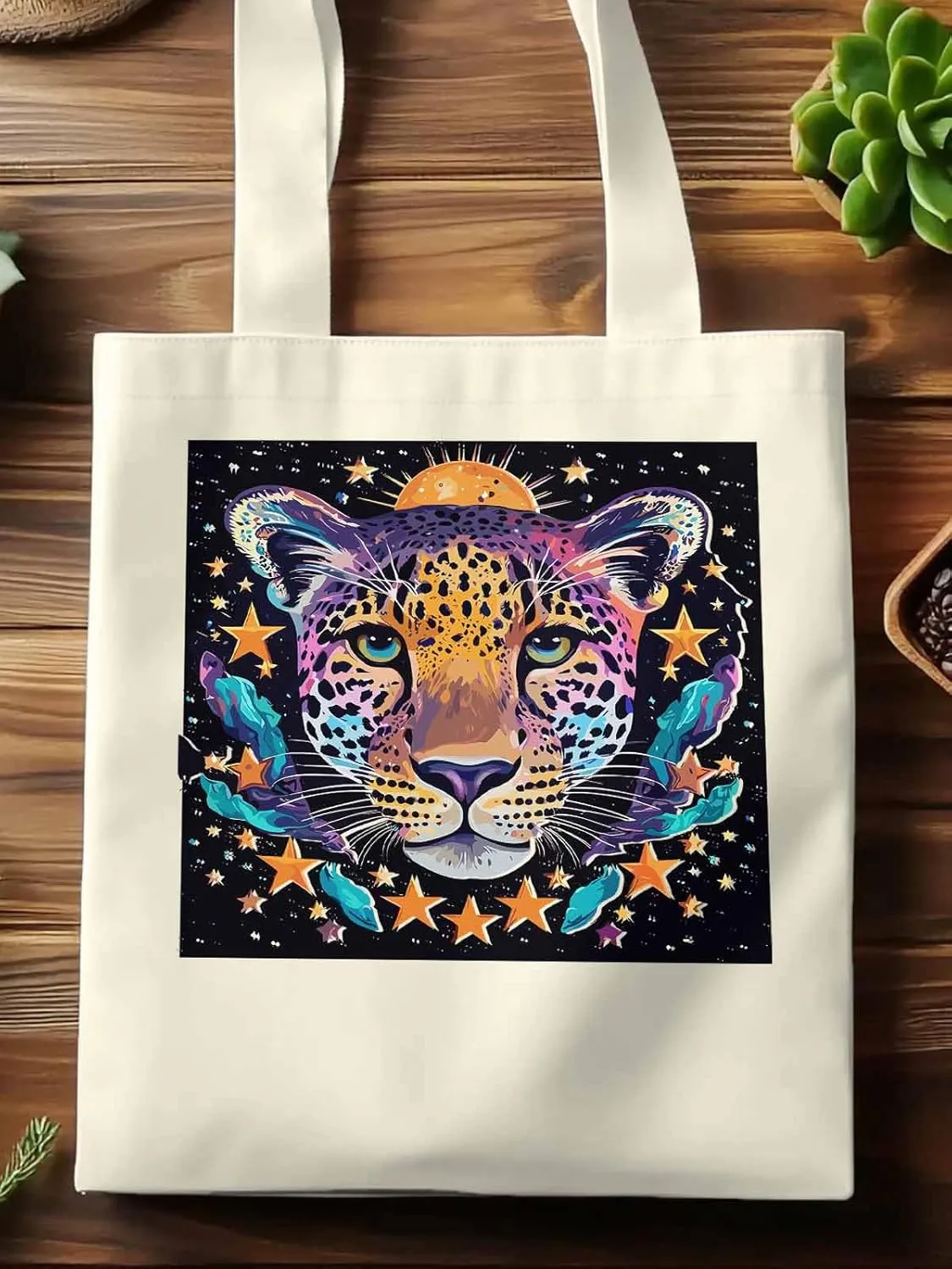 Leopard Star Moon Starry Sky Canvas Tote Bag, Aesthetic Canvas Tote Handbags for Women Shoulder Bag